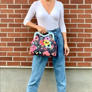 Handmade Genuine Leather Floral Printed, Wooden Frame Bag/Crossbody. XL Size